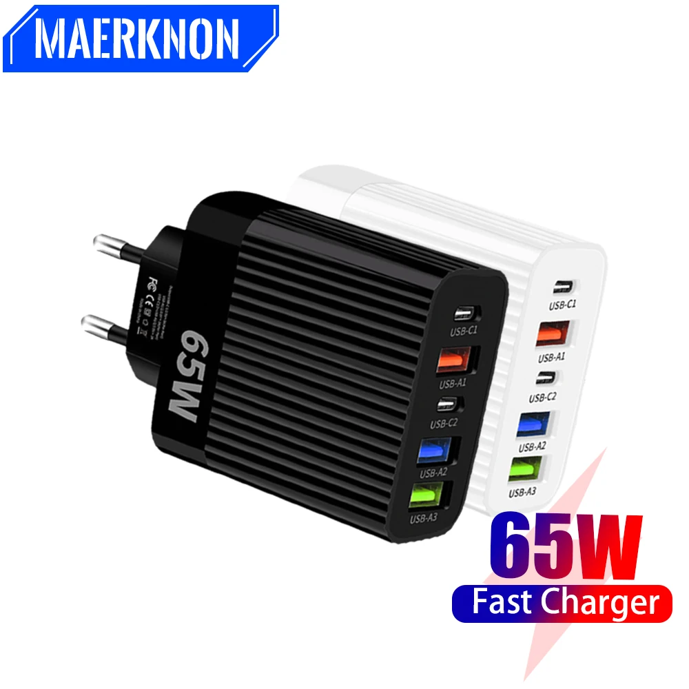 65W USB PD Charger Fast Charging Type C USB 5 Ports Quick Charge Mobile Phone Power Adapter For iPhone 14 Xiaomi Samsung Oneplus