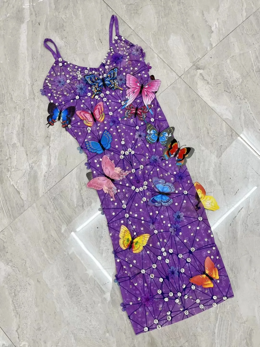 Vestido corto de mujer malla mariposa CrystaosRhinestones púrpura boda noche fiestaNiahtclub Sexy transparente disfraz escenario C311