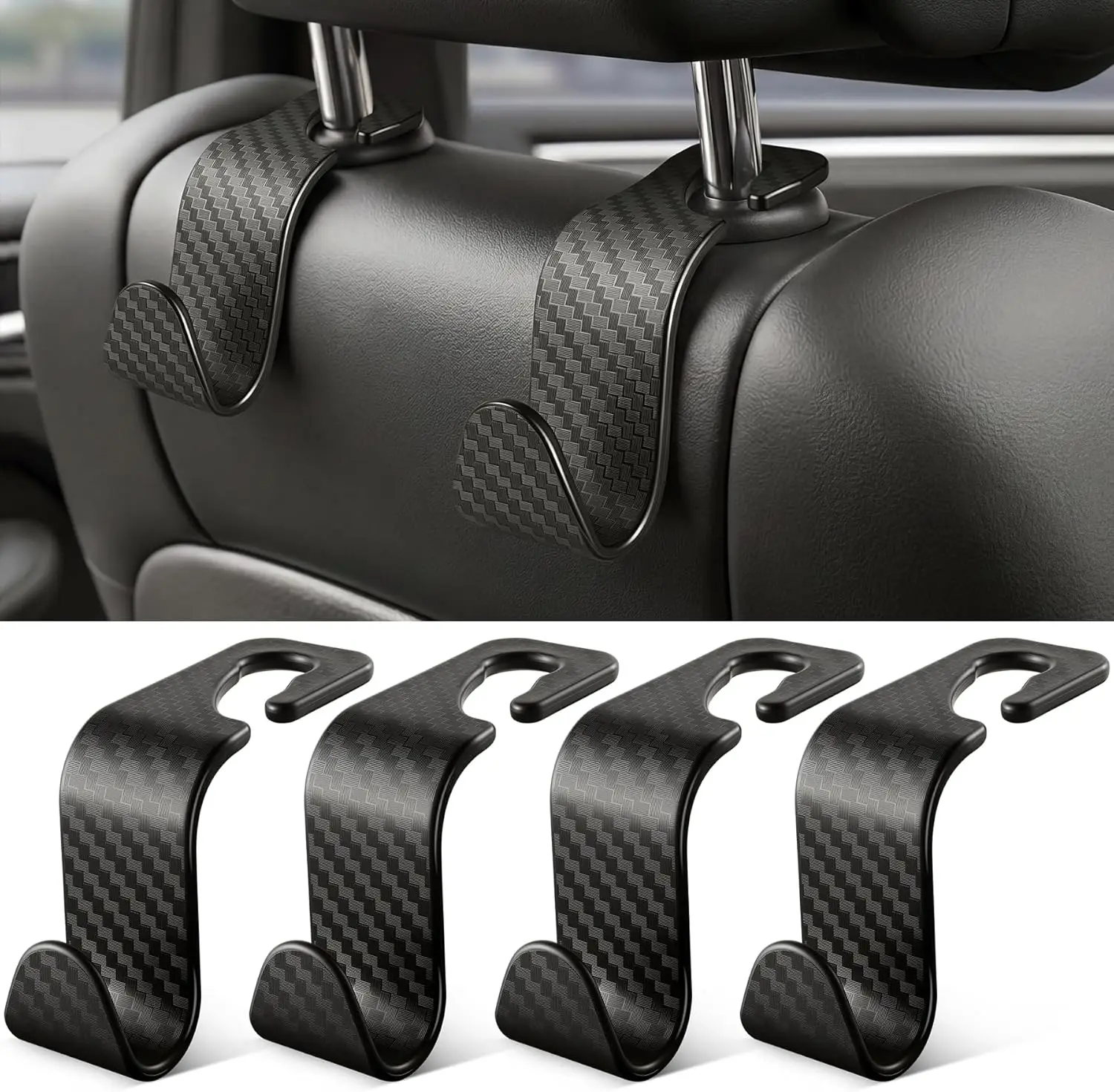 

Universal 4 Pack Car Seat Headrest Hooks, Carbon Fiber Back Seat Organizer for Purse Handbag Coat, Car Interior Accessories Black