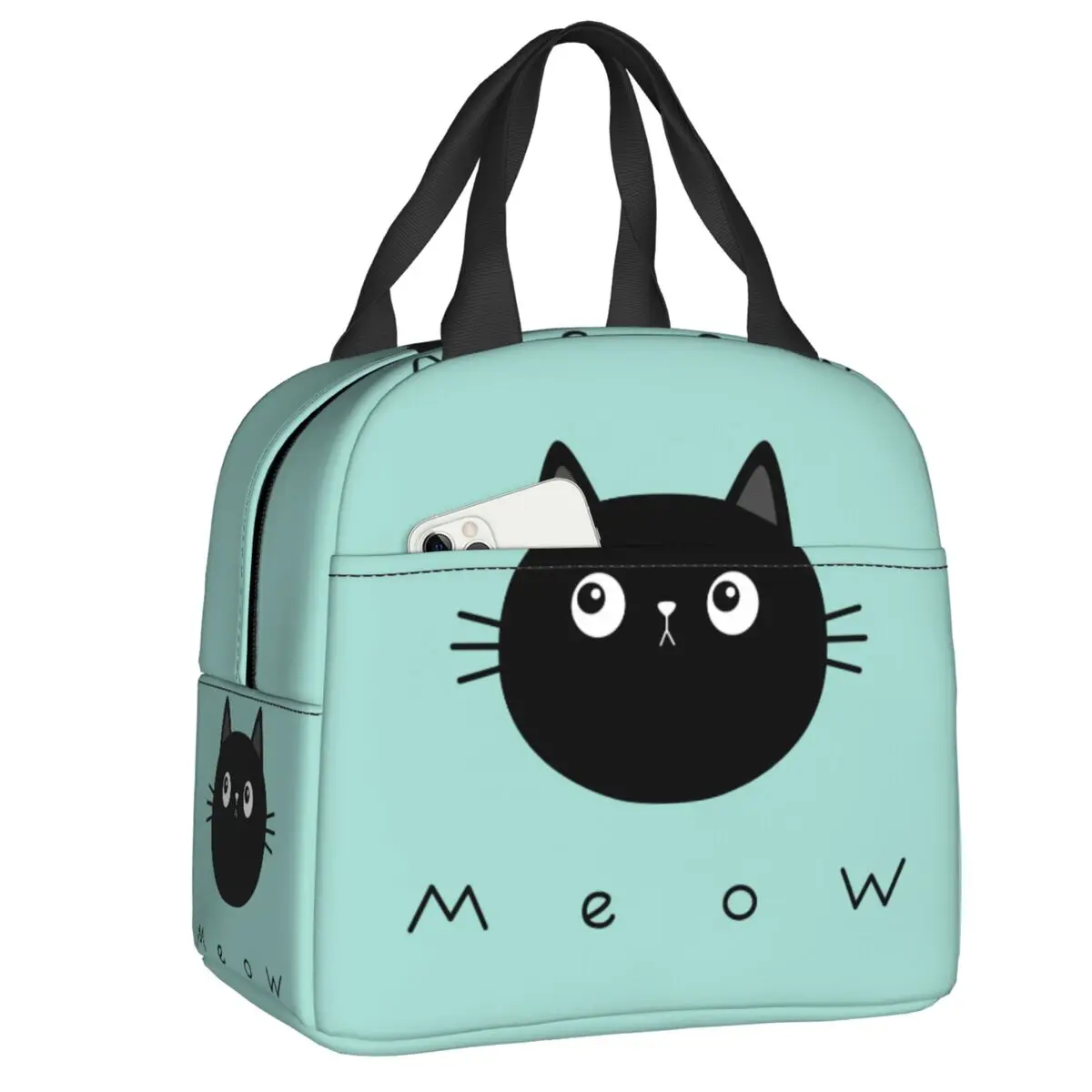 

Custom Black Kitten Cat Meow Thermal Insulated Lunch Bag Women Cartoon Pet Animal Lunch Tote for School Storage Food Box