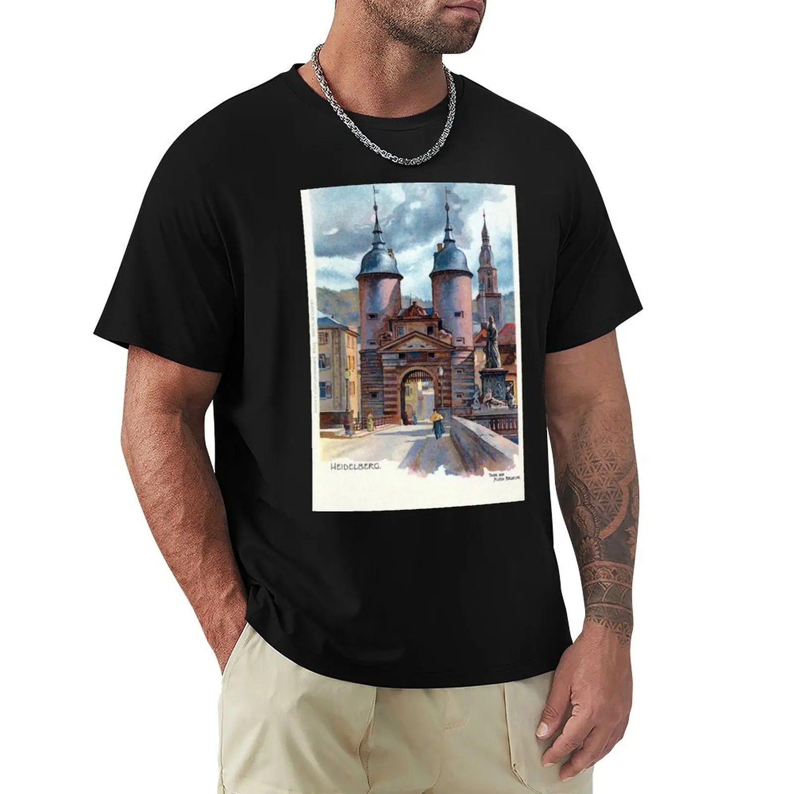 

Vintage Litho Heidelberg Old Bridge Gate T-Shirt Casual Lightweight Short Sleeve Top