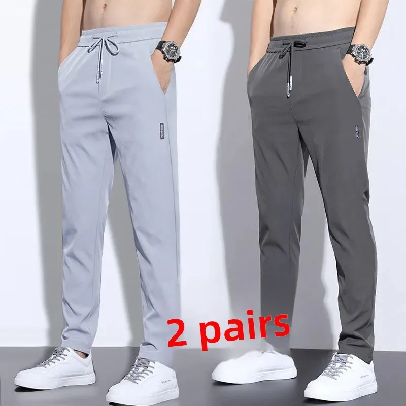 

Повседневные брюки из ледяного шелка, мужские летние тонкие дышащие прямые длинные брюки, эластичная рабочая одежда большого размера, спортивные брюки со свободной талией