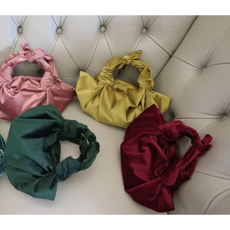 Designer Satin knotted bucket totes bag ruched pleated velvet small pouch purse women 2022 party top-handle bag gold green pink