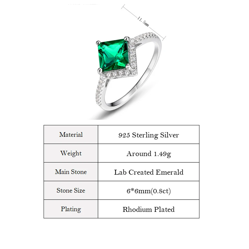 ALLNOEL Solid 925 Silver Rings For Women Princess Cut 6*6mm Lab Created Emerald Birthday Gifts Wholesale Jewelry May Birthstone