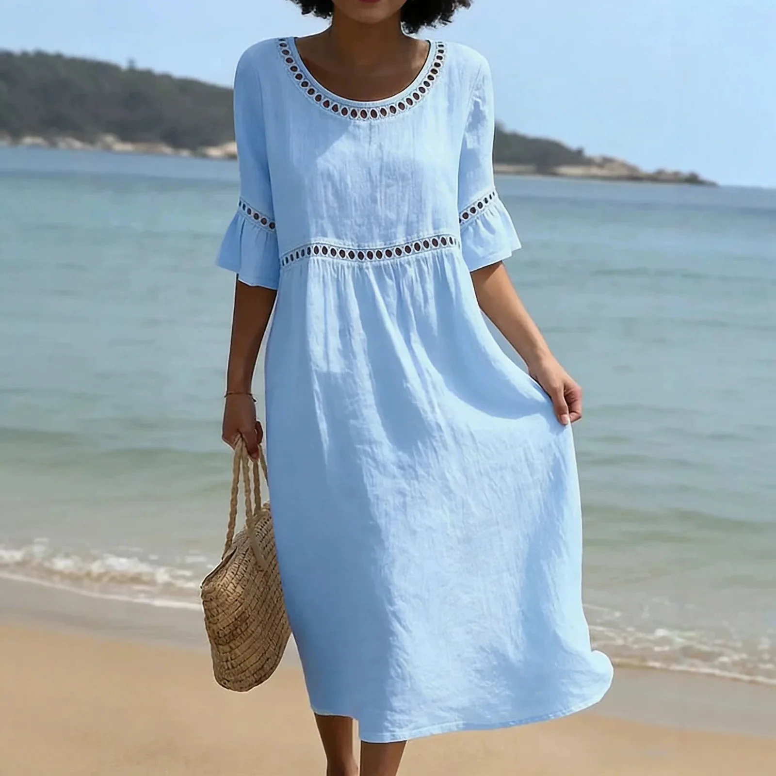 Women Dresses 2026 New Spring/Summer elegant casual round-neck mid-sleeve solid color dress women's clothing vestidoes