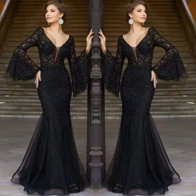 Robe de soirée en dentelle noire pour femmes, jupe longue, queue de poisson mince, tempérament sexy, élégante, dames, nouveau, 2024