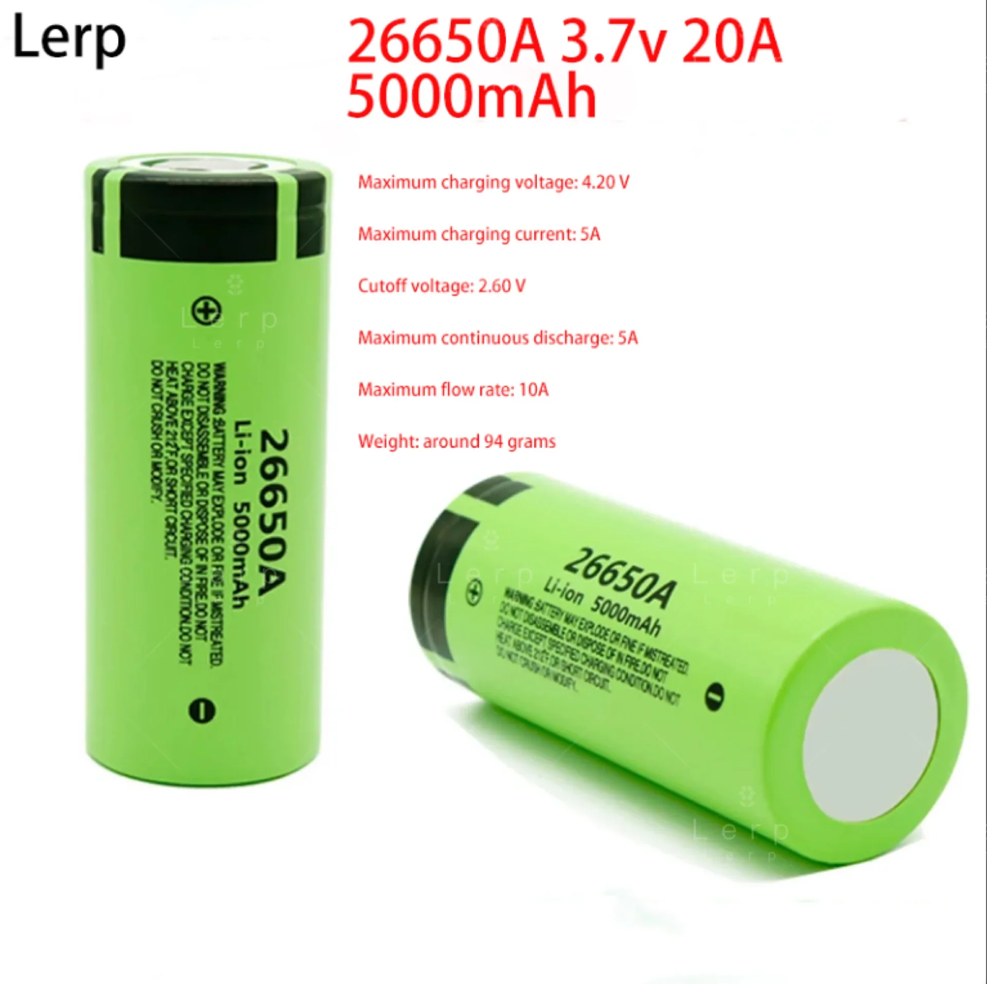 Rechargeable lithium battery for flashlights. 26650A. 3.7 V. 5000mA. 20A. Widely used electronic products