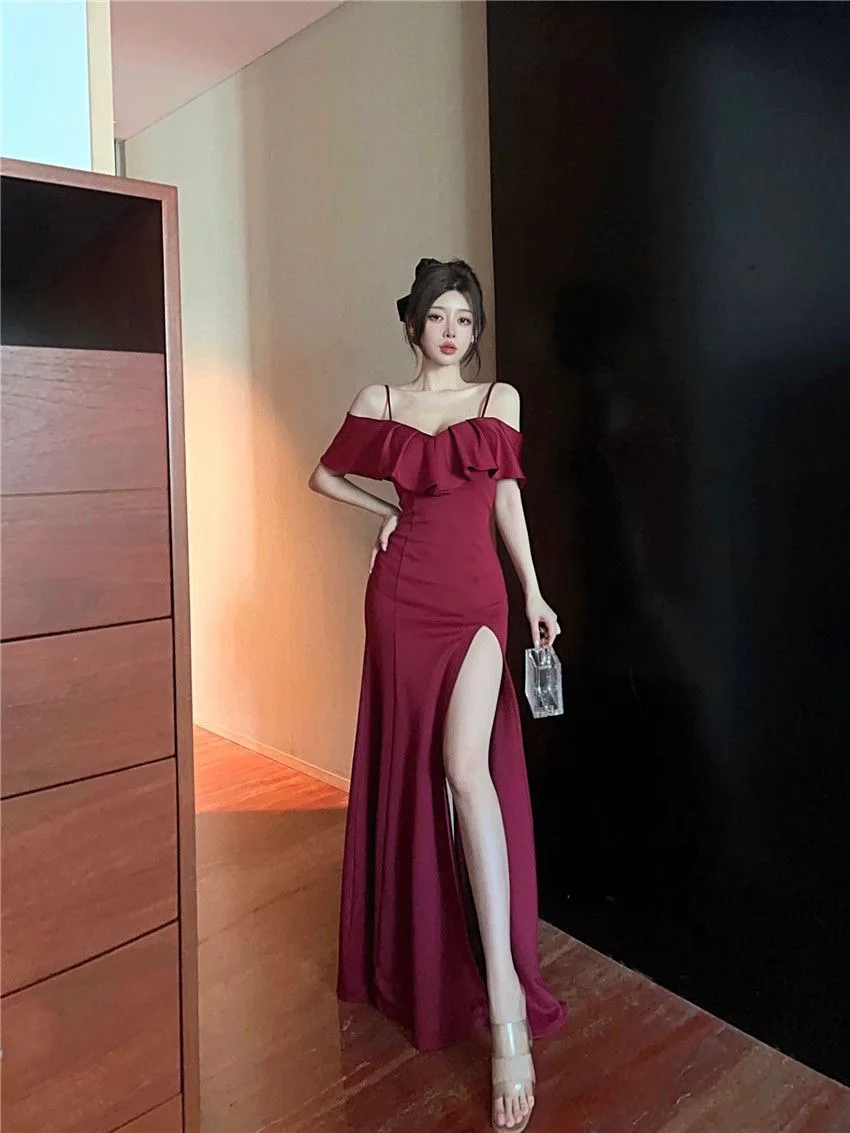 High-end No. 54 niche evening one-shoulder dress for women new high-end sexy banquet slim slim long dress