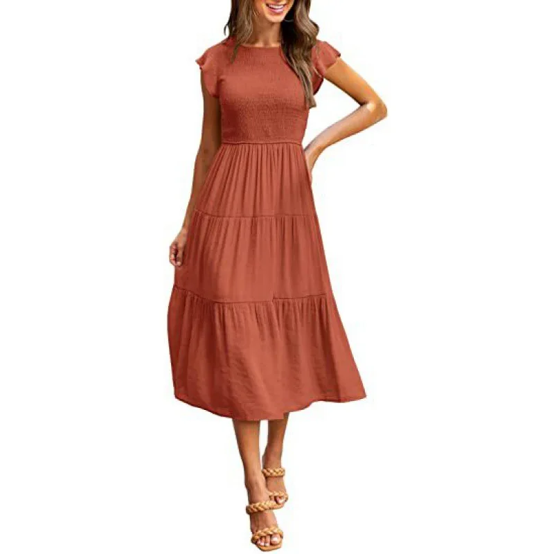 ผู้หญิงยุโรปอเมริกันที่ขายดีที่สุดกระพือแขน Smocked ฉัตรแขนสั้น Flared Dress