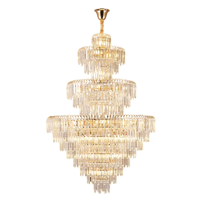 Duplex floor living room crystal chandelier, postmodern light luxury rotating staircase to raise the main light of the villa