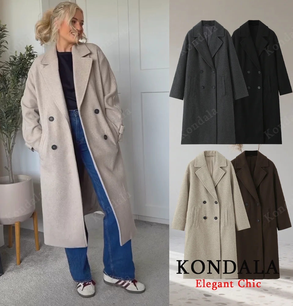 KONDALA Frauen Herbst Winter Elegante Mischung Lange Mantel Revers Zweireiher Warme Mantel 2025, Mode Herbst High Street Dame Mantel