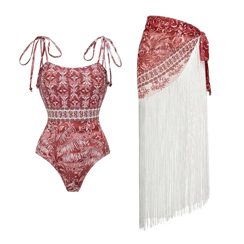 2025 nuevo traje de baño de una pieza con estampado de bosque Retro Tie-up b rown para mujer Flaxmaker y falda, traje de baño de verano para mujer