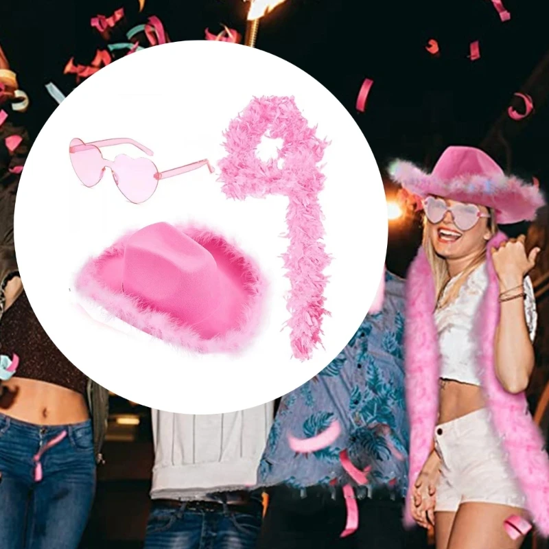 Pink Cowboy Hat with Feather Boas Glasses Set Heart Shaped Sunglasses Long Feather Boas for Dancing Halloween Party