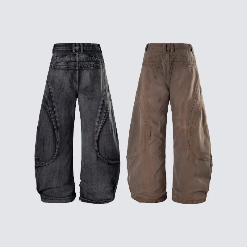 Vintage Distressed Baggy Jeans for Men Multi‑Panel Deconstruct Wide‑Leg Cargo Pants Rivet Decoration Denim Trousers Streetwear