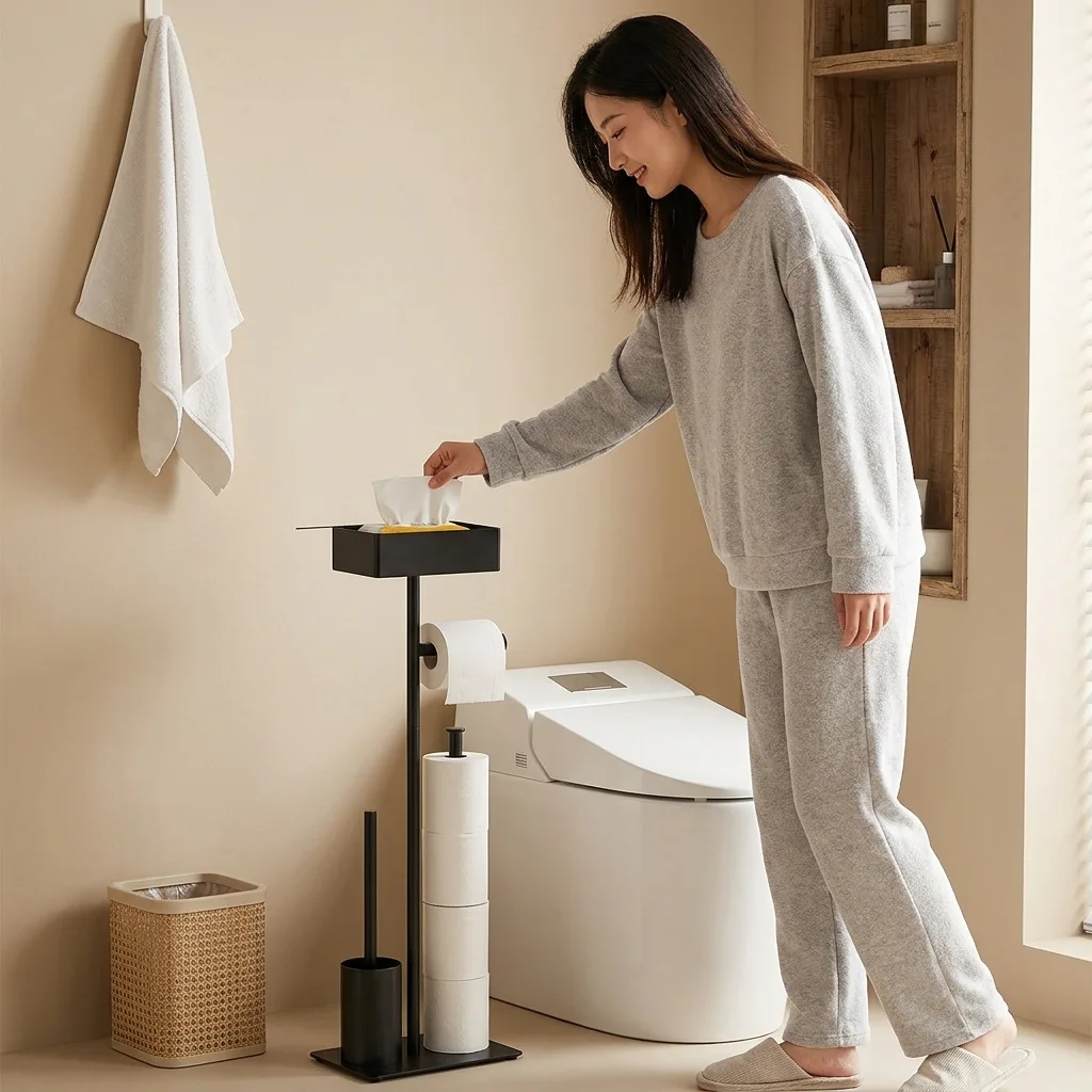 Free Standing Toilet Paper Holder Shelf Brush Two Tier Bathroom Floor Stand Carbon Steel Roll Organizer Guest Washroom Black