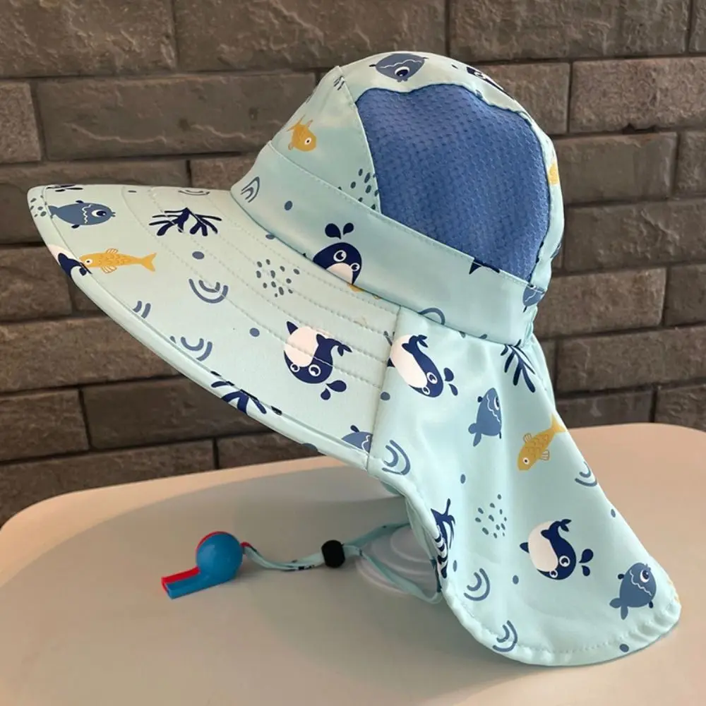 

Cartoon Bucket Cap Summer Baby Hat With Whistle Wide Brim Children's Sunscreen Hat Anti UV Neck Ear Cover Beach Caps Girls Boys