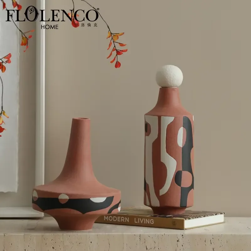 For Flolenco 2025 Tabletop Ceramic Vase New Design Home Decor Multi-functional Abstract Pattern with White Ball Art Deco