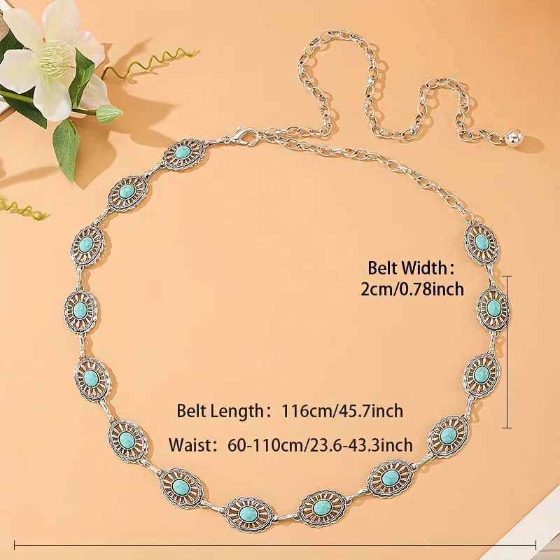 Silvery Turquoise Metal Waist Chain Boho Carved Hollow Out Belly Chain Vintage Summer Beach Chain Dress Girdle For Women