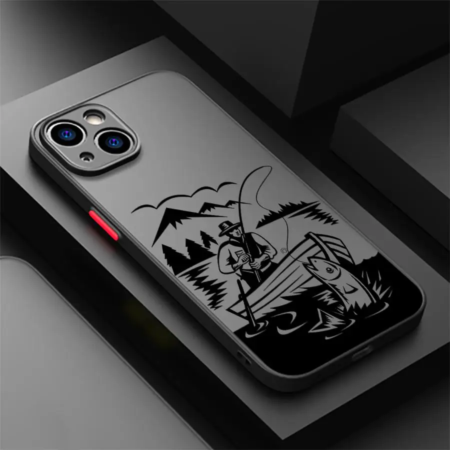 

Case for iPhone 11 7 8 X 16 Pro Max 16e 13 Mini XS 12 14 15 Plus Back Phone Cover Cartoon Fishing Man