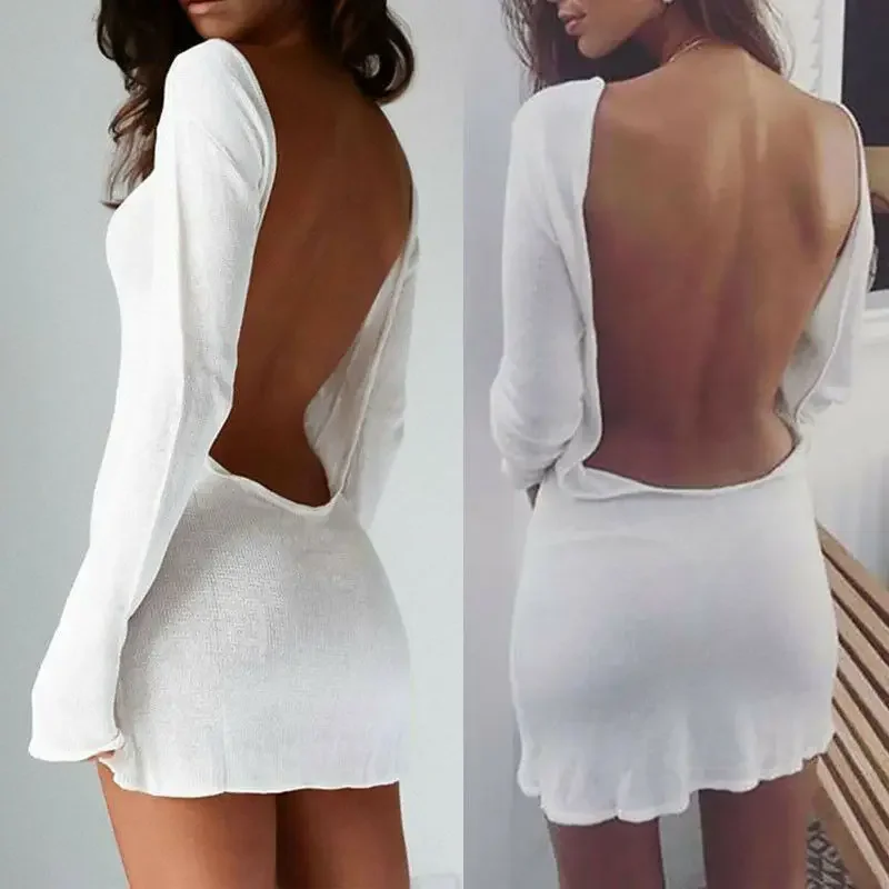 

Sexy Backless White Evening Party Dress Women Elegant Long Sleeve Solid Color Loose Club Holiday Casual Mini Dress