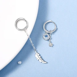 VENTFILLE 925 Sterling Silver Asymmetric Feather Earrings White Moonstone Pendant Earrings Ladies Gifts Handmade Jewelry