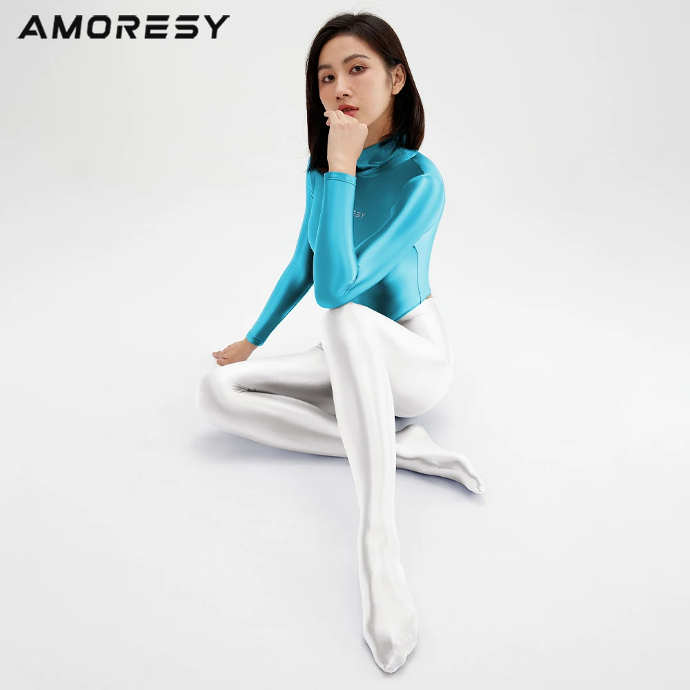 AMORESY Women Sexy Oil Glossy One Piece Swimsuit Tights Long Sleeve Smooth High Neck Thong Back Zipper Surfing Swimsuit Bodysuit