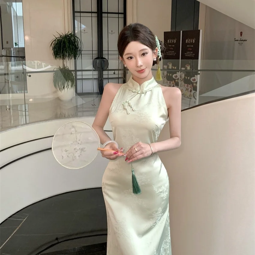 Retro Chinese Sle Tie-Dye New Mid-Length  Dr Collar Stand-Up Skirt Floral Embroidery Button Detail Summer 2025