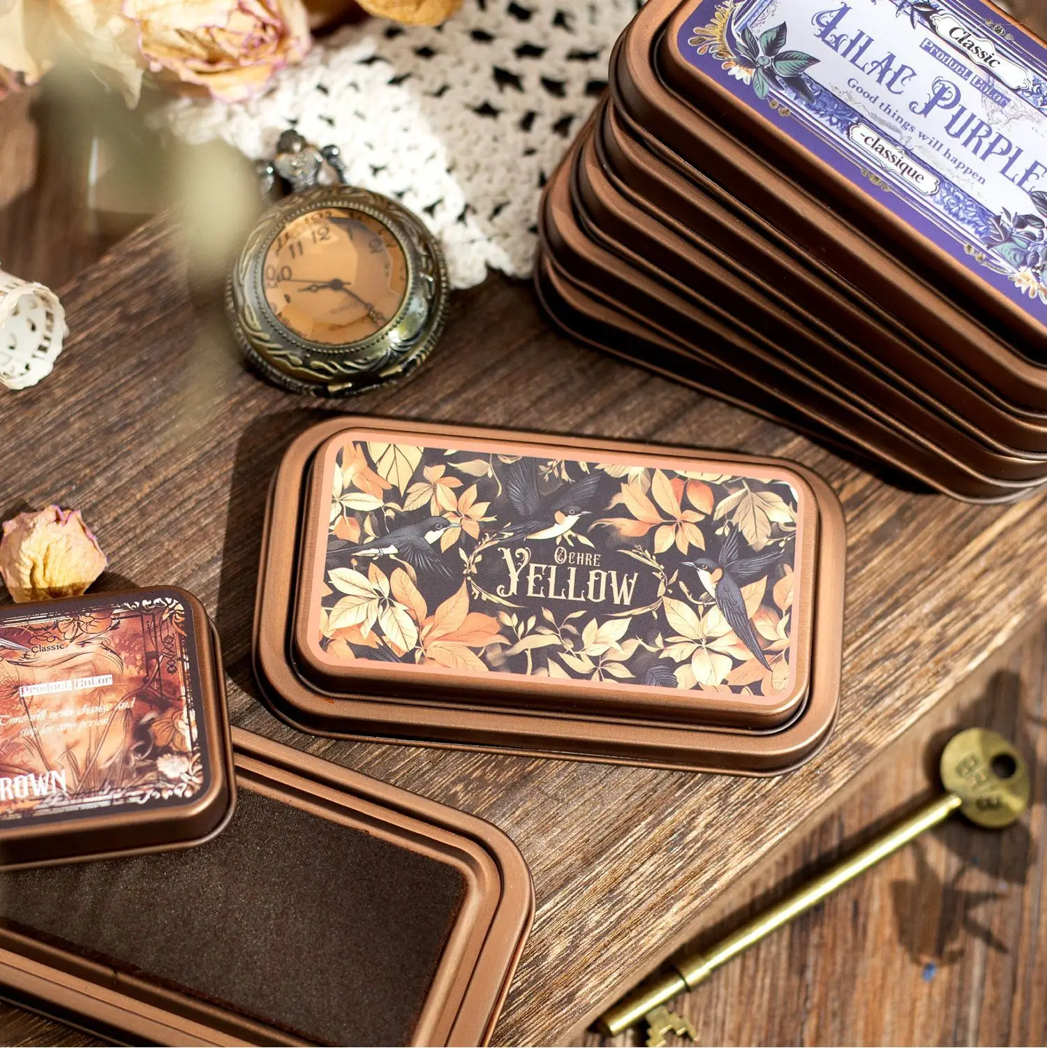 1 ชิ้น หมึกพิมพ์แบบกล่องเหล็กวินเทจและประณีต สำหรับตกแต่งสมุดบันทึก ดีไซน์สไตล์เรโทร