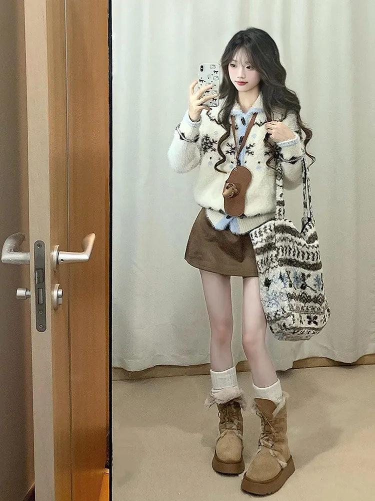 لينة مريحة ندفة الثلج اللون بلو محبوك سترة مفتوحة المرأة تصميم الخريف الشتاء سترة Jaet فضفاضة تناسب مريحة Sle