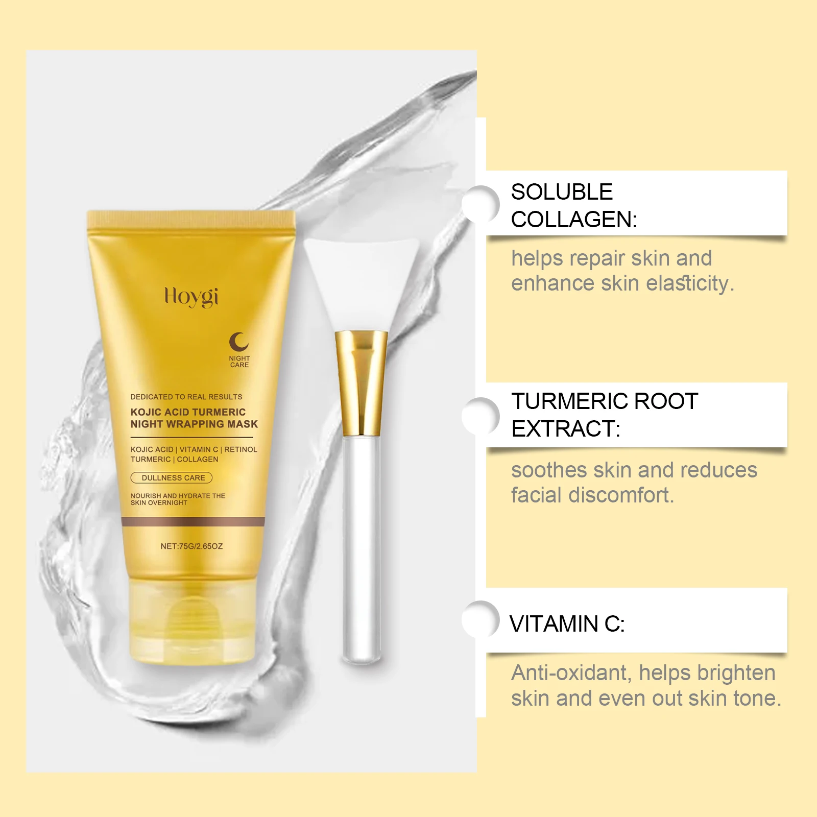 All-Day Care Deep Hydration Turmeric & Collagen Whitening Overnight Wrapping Peel Mask for Face with Jelly Gel Formula and Brush