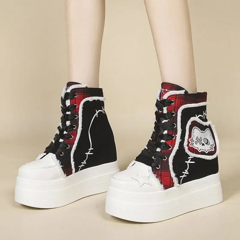 New Gothic Platform High Top Sneakers Women Wedge 10.5cm Heel Canvas Shoes Y2K Cute Cartoon Cat Patch Punk Lace-up Ankle Boots