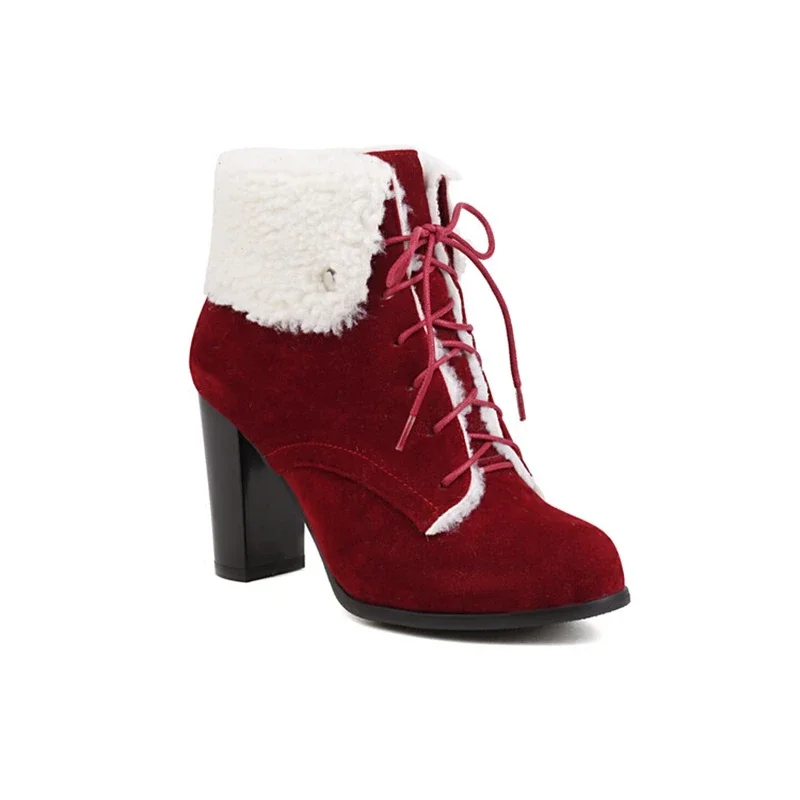 BLXQPYT Zapatos De Mujer حذاء من الجلد النساء موضة جولة تو عبر تعادل منصة الكعوب حذاء الثلج عالي الرقبة دافئ حجم كبير 46 47 أحذية W-3