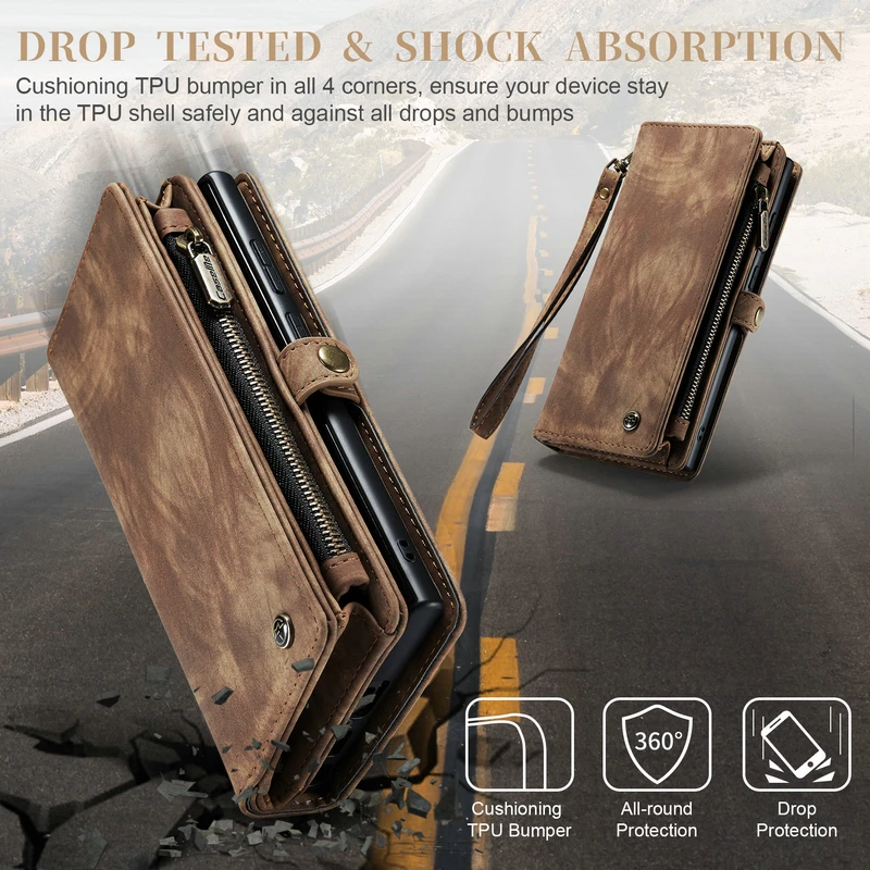 CaseMe-Leather Zipper Phone Case, Multifunction Wallet, 2 in 1 Full Case, Samsung Galaxy S21, S22, S23 Plus, Note 20 Ultra, A53