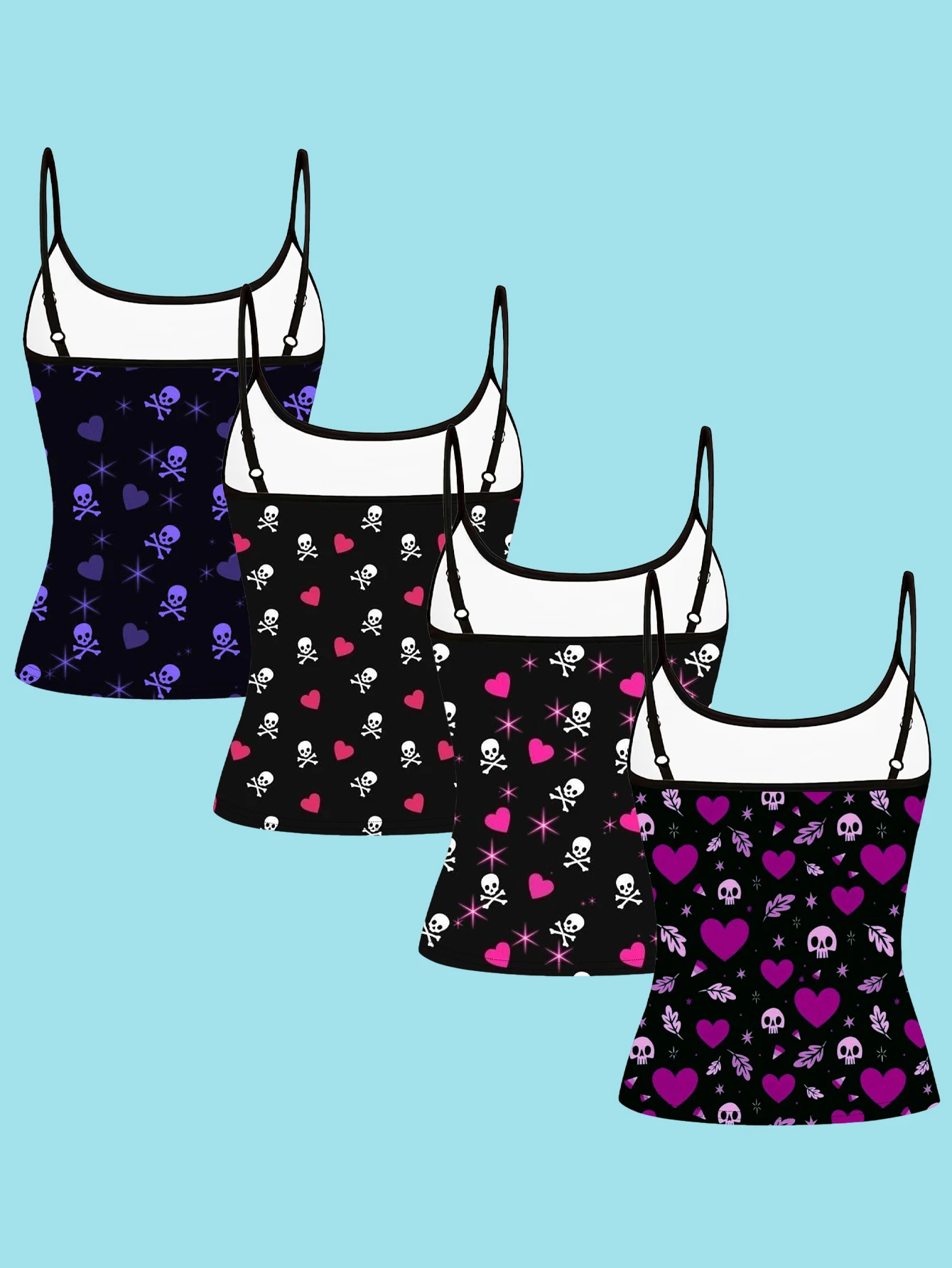 4-Piece Set of Women's Y2K Sweet and Cool Skull Print Camisoles, Black Base with Heart and Star Subculture Design, Slim-Fit Spaghetti Strap Inner Tops
