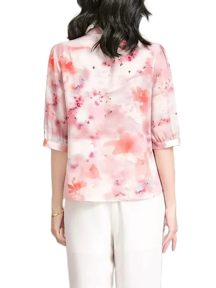 BirdTree 90%Real Silk Elegant Shirt For Women, Short Sleeve Stand, Vintage Printed Temperament Blouse, 2024 Spring New T42326QC