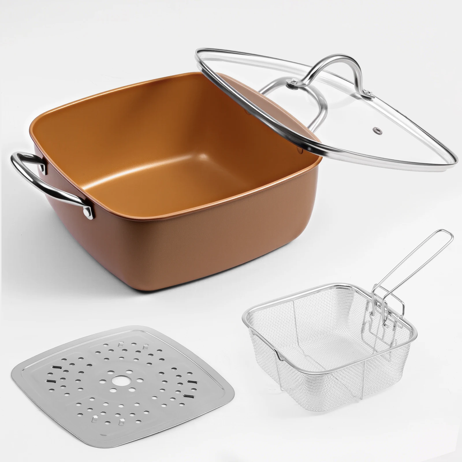 

9.5” Non Stick Deep Frying Pan with Fry Basket Steamer Rack and Glass Lid Multi-Large Cooking Pan Stove Suitable Dishwasher Safe