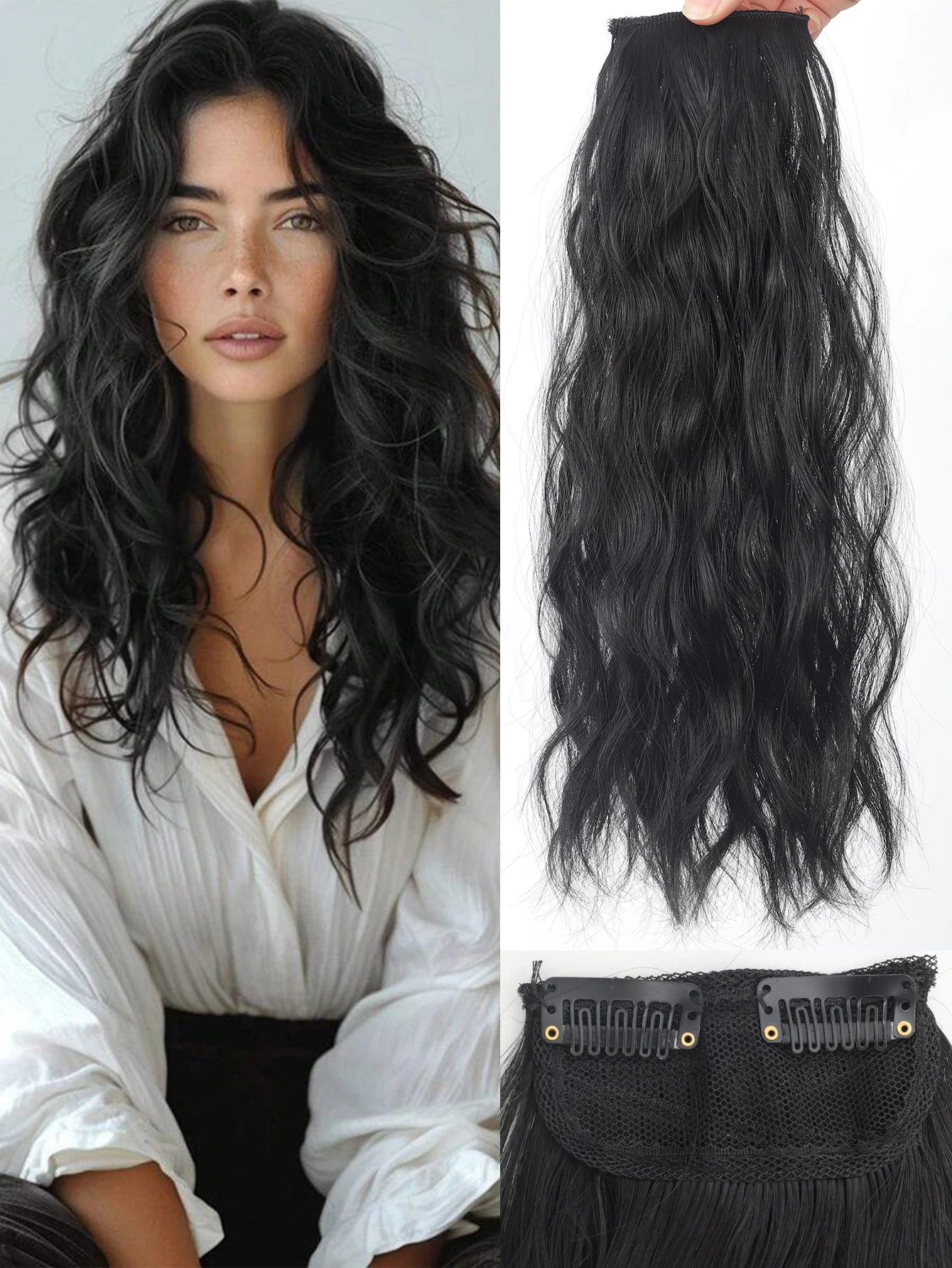 Women Water Wave Extensions Clip In Hair Extensions Invisible Synthetic Wig Piece Suitable Thinning Hair Increase Hair Volume