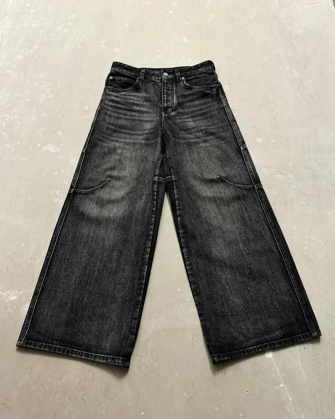 Goth Hiphop Streetwear Washed Retro Baggy Jeans Men Personality Harajuku Trendy Black Straight Pant Y2K Wide Leg Pants Unisex