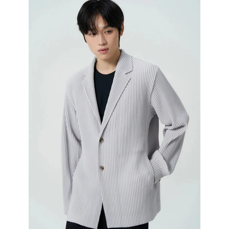 Miyake Pleated Men's Blazer Jacket Japanese Style Slim Fit Suit Coat Stretch Business Casual Office Fashion Luxury Wrinkle Free
