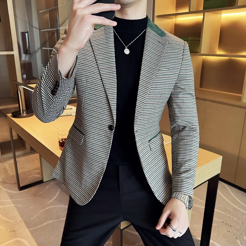 Luxury and Fashionable Men\'s Suit Jacket Blazer Business Slim Fit Lapel Plaid Dress Suit Wedding Groom Tailcoat Suit Jacket4XL-M