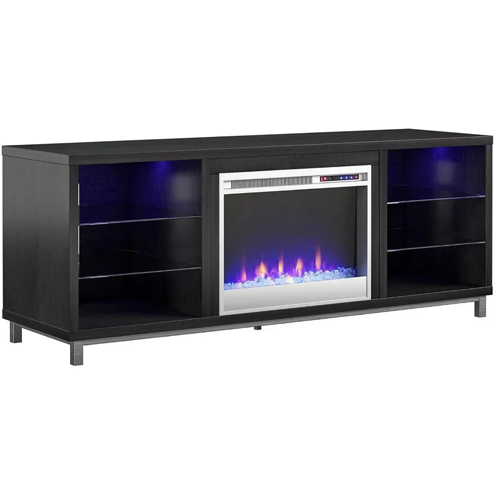 Lareira Black Oak Stand com 6 prateleiras abertas, suporte de TV moderno, componentes de áudio, filmes, Blu-Rays, até 70"