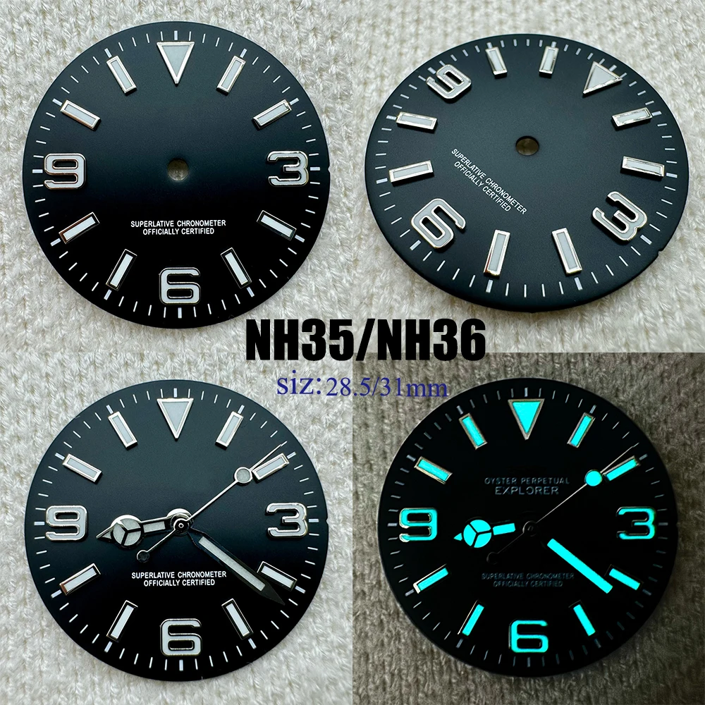 Suitable for NH35/NH36 Movement Dial, Explorer 28.5mm/31mm BGW9 Blue Glow, Equipped With Diving Watch Modification