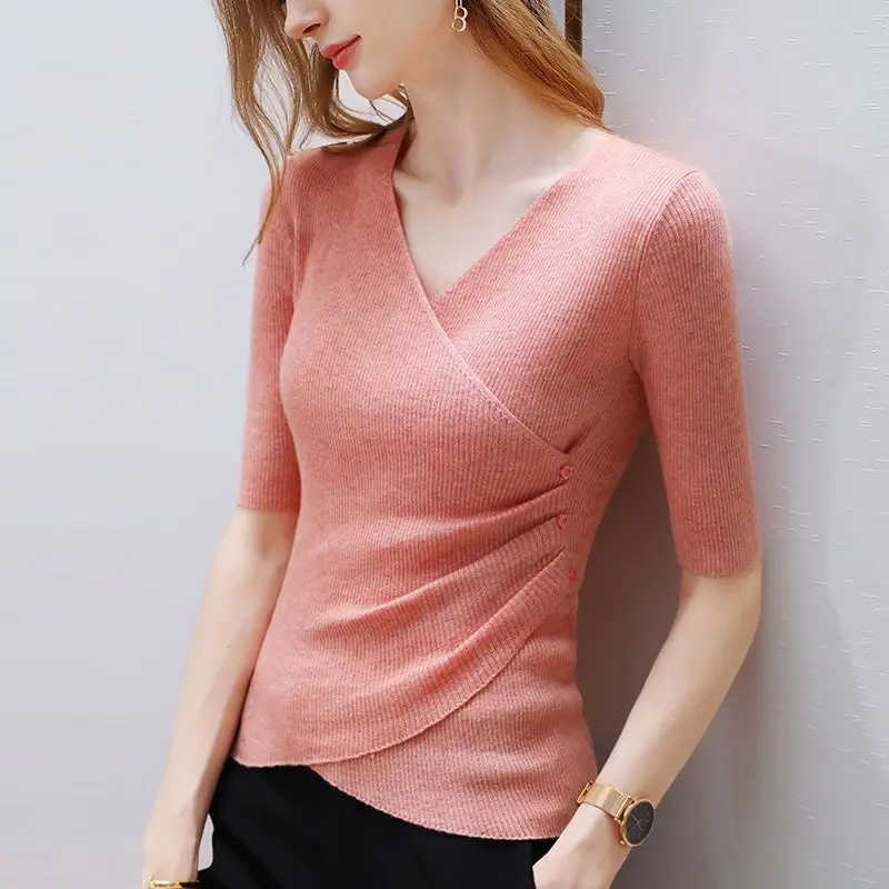 Autumn New Temperament Simple V-neck Knit Sweater Half Sleeved Women\'s Solid Patchwork Korean Pullover Versatile Slim Tops 2024