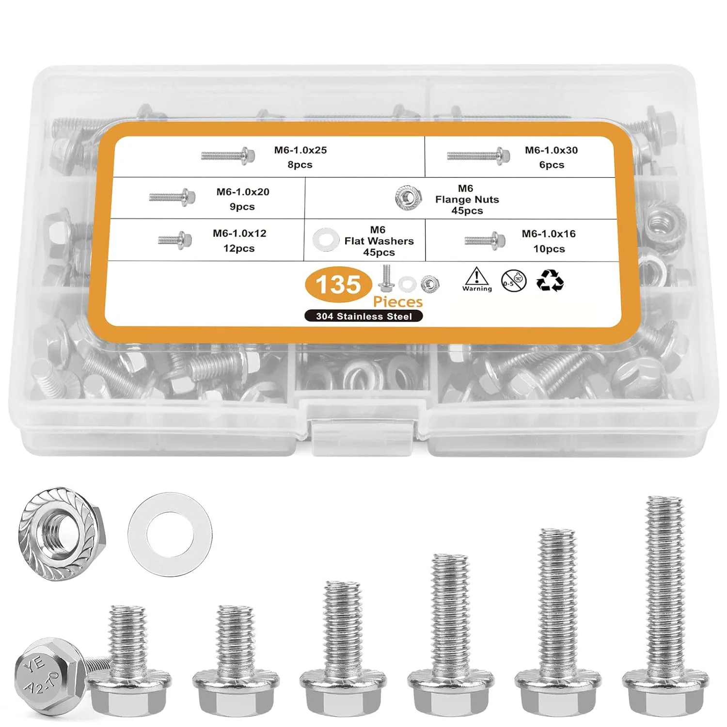 135Pcs Set 304 Stainless Steel M6-1.0 Hex Head Bolt Nut Washer Kit for Hardware And DIY Projects