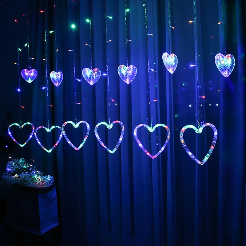 New EU Plug Heart Shaped Curtain String Lights 8 Modes Natal Garland Fairy Lights para Home Party Wedding New Year Decoration