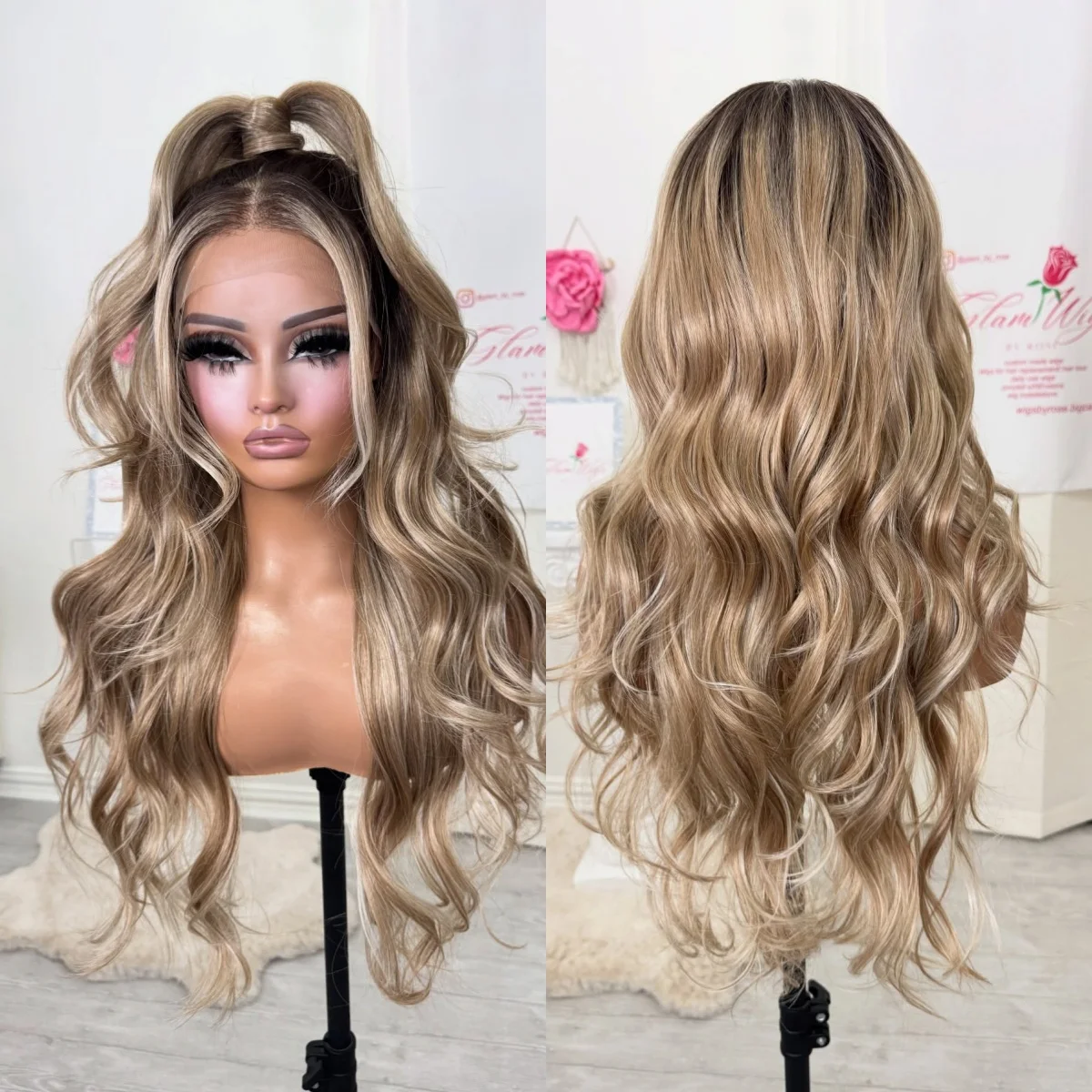 13X4 Ombre Light Brown Highlights HD Lace Front Wig Loose Wave Long Middle Parting Original Factory Cheap Wig On Clearance Sale