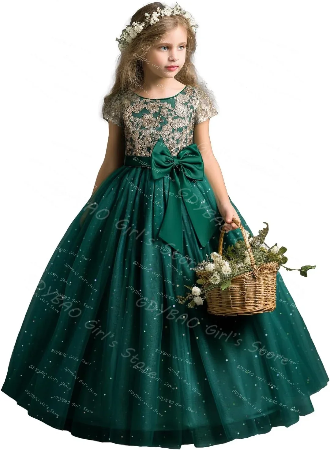 Customized Sparkly Princess Pageant Dress With Sashes Children‘s Sequined Lace Flower Girl Dress for Wedding Kids Birthday Gowns