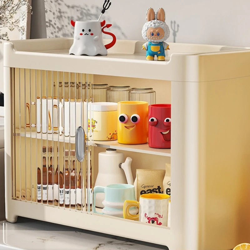 Cream Style Plastic Storage Cabinet Large Capacity Cup Organizer Dustproof Box Double Layer Tea Set Display Rack for Kitchen