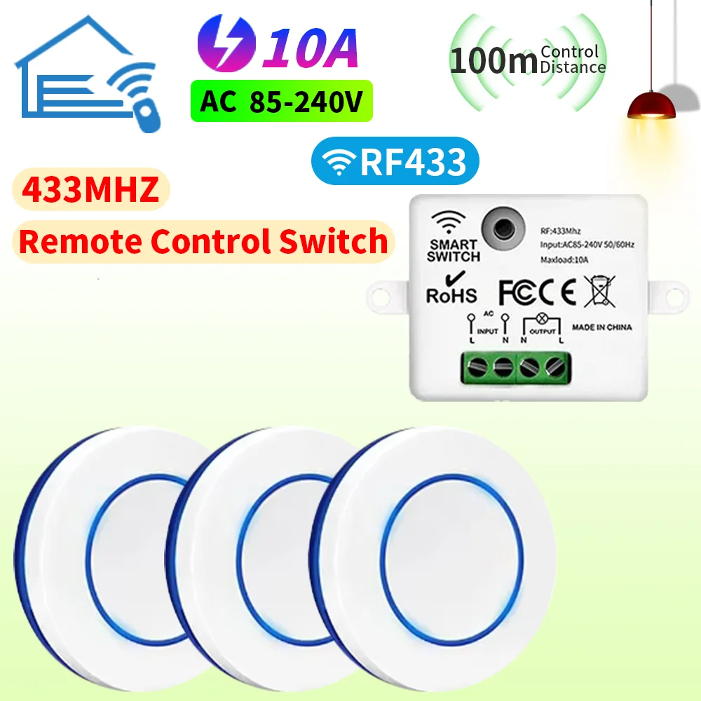 RF433Mhz Wireless Remote Control Light Switch 10A Relay Controller Mini Round Button Wall Panel Switch For LED Lamp AC100-240V
