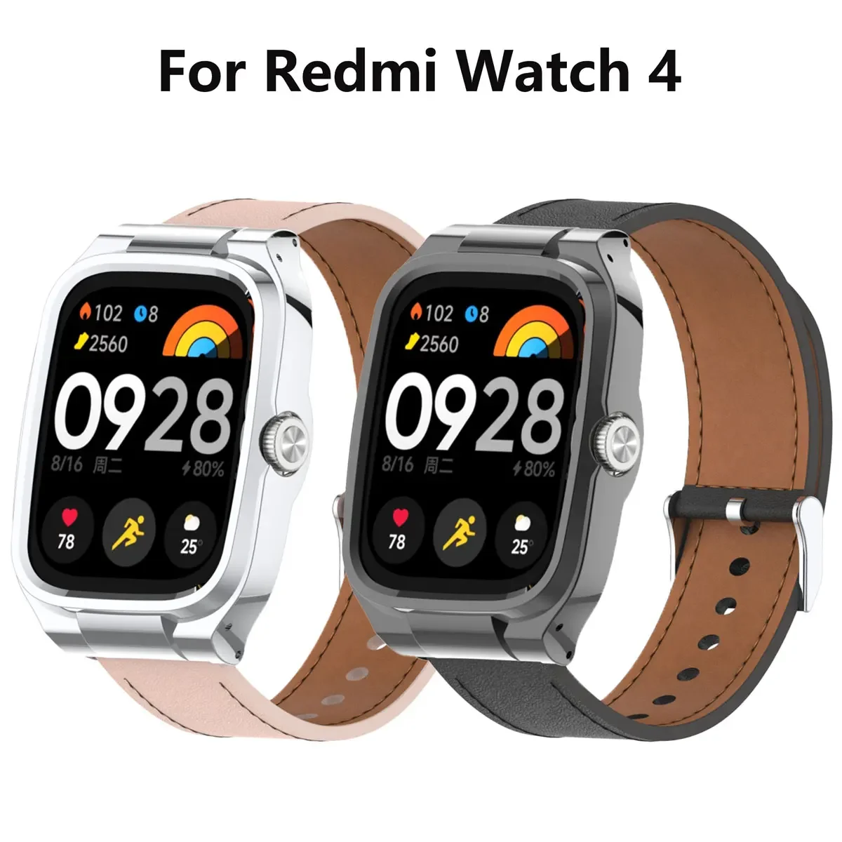 Leather suitable for Redmi watch 4 strap,  high-quality Leather strap, metal protection case for Redmi Watch 4 replacement strap